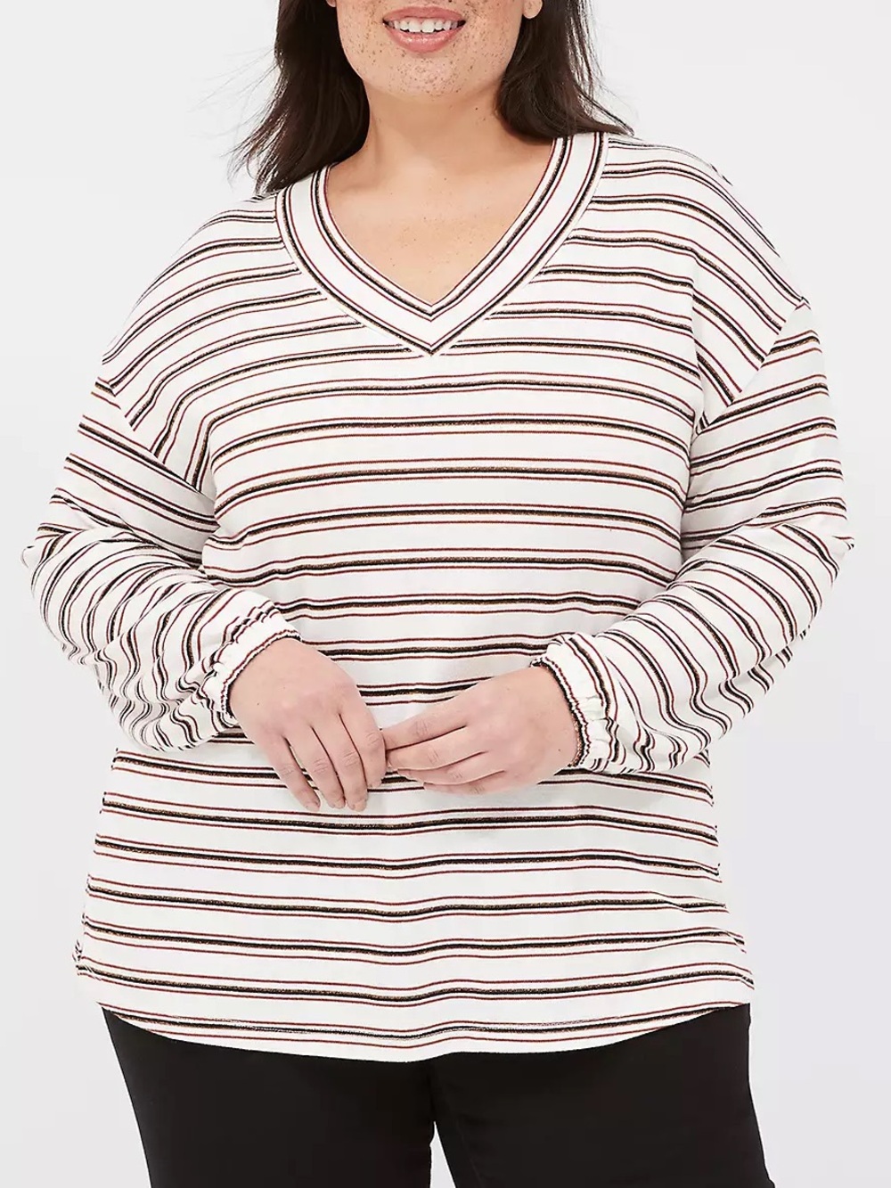 Lane Bryant Cream and Brown Striped V-Neck Sweater 26/28